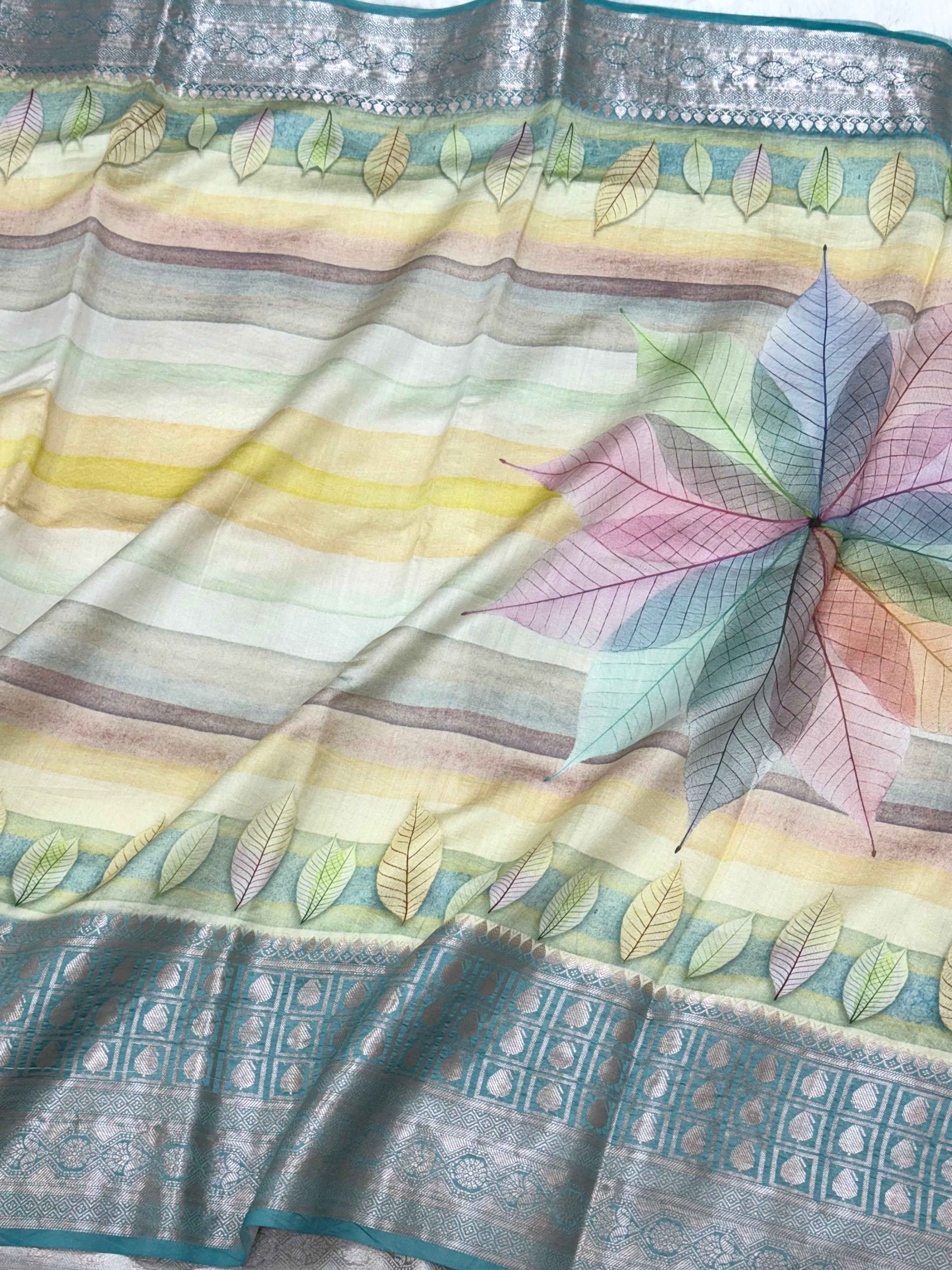 Sea Green Pure Mulberry Chiniya Silk Lightweight Contemporary Saree - Multicolours