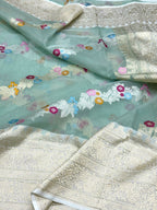 Aqua Green Pure Kora Silk Handwoven Lightweight Banarasi Saree