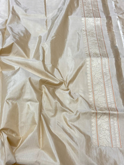 Ivory Handwoven Pure Mulberry Katan Silk  | Kadhwa Technique | Authentic Premium Banarasi Saree