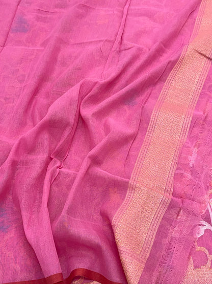 Pink Pure Muslin Cotton Jamdani | Ektara Technique | Handloom Banarasi Saree