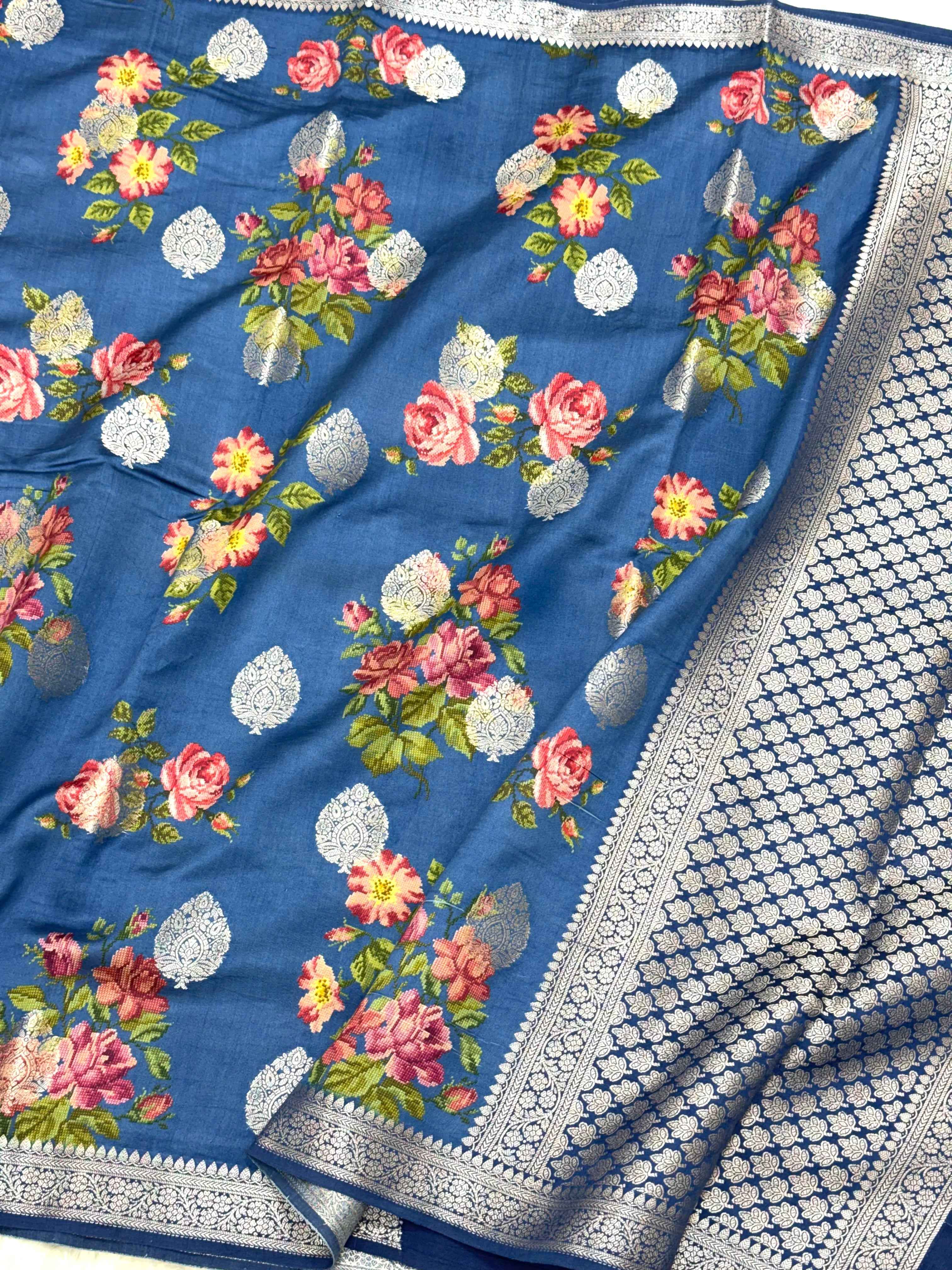 Matte Blue Pure Mulberry Chiniya Silk Lightweight Contemporary Saree