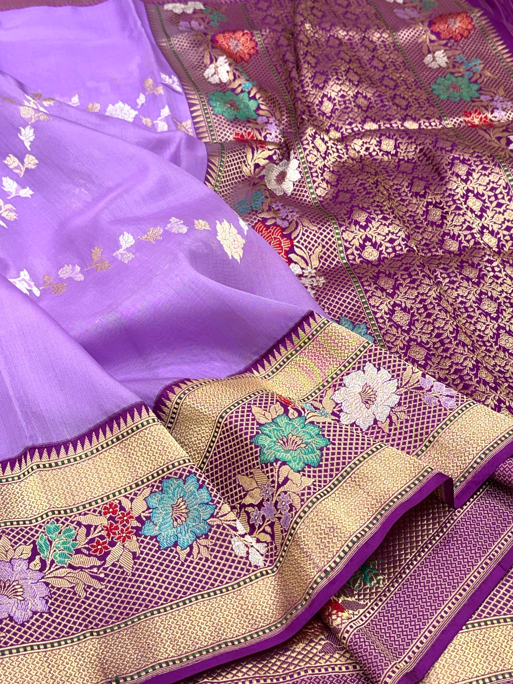 Lavender Pure Kora Silk Handwoven Banarasi Saree - Ektara Weave