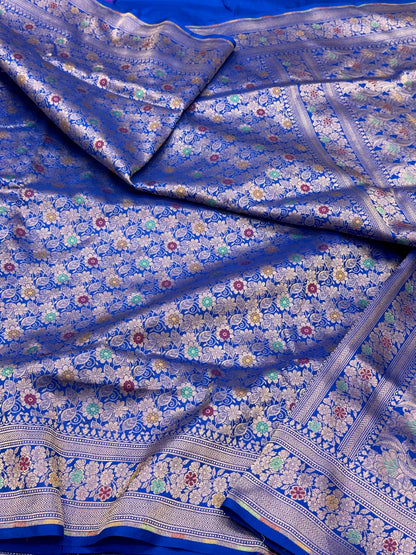 Royal Blue Pure Mulberry Katan Silk Handloom Banarasi Brocade Saree - Authentic Banarasi Saree