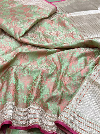 Pastel Mint Green Tanchoi Banarasi Saree - Pure Mulberry Satin Silk Handwoven Kadhwa Authentic Banarasi Saree