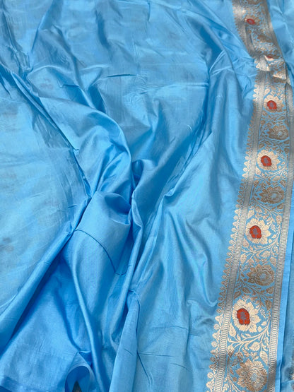Sky Blue Pure Katan Mulberry Silk Handloom Banarasi Saree | Modern Geometrical Banarasi Saree