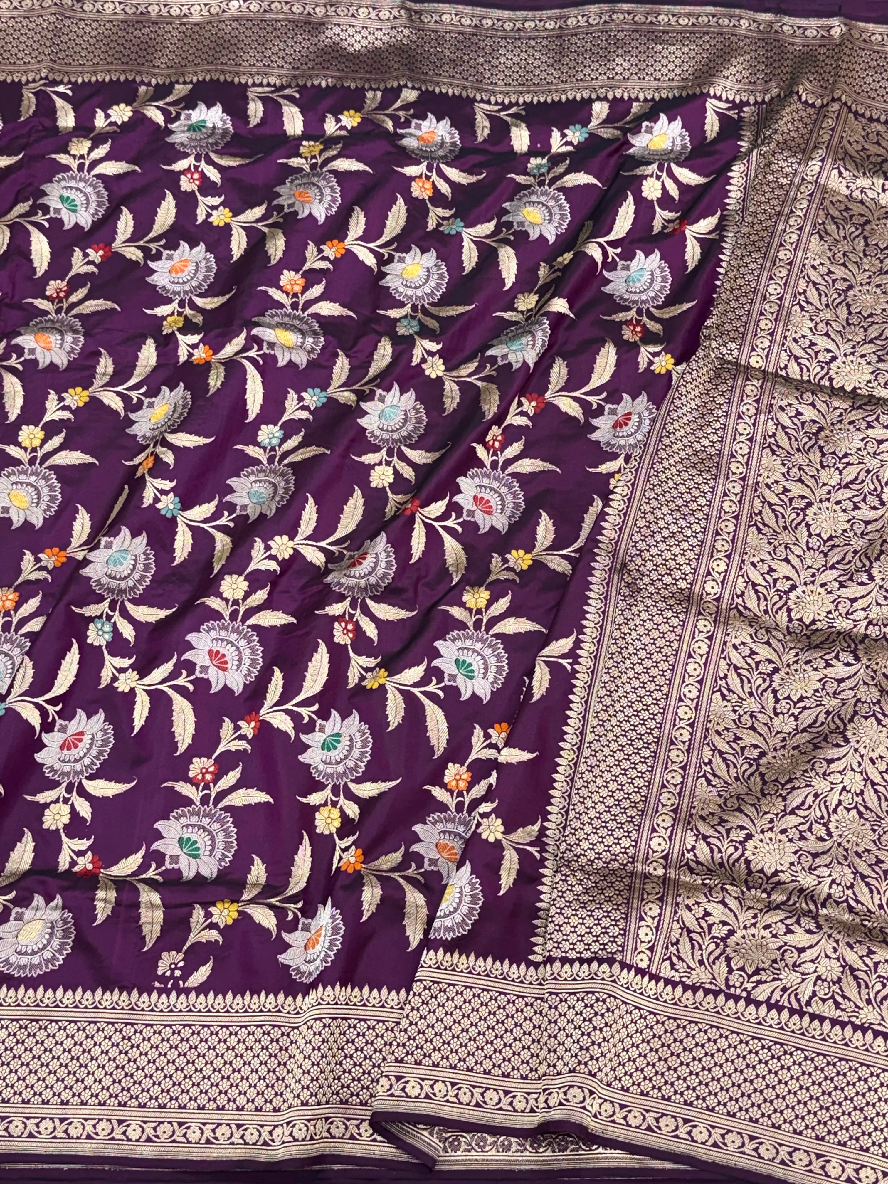 Wine Pure Mulberry Katan Silk Handwoven Banarasi Saree