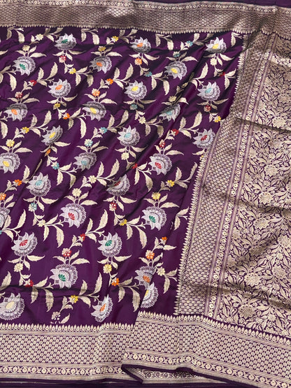 Wine Pure Mulberry Katan Silk Handwoven Banarasi Saree