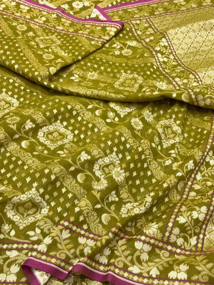 Mehendi Green Pure Muslin Cotton Jamdani - Ektara Weave Handloom Modern Banarasi Saree