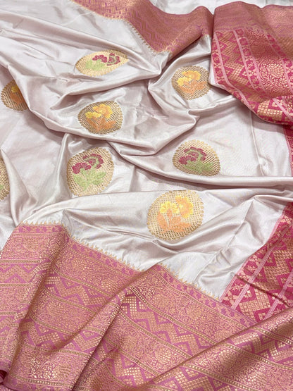 Off White Pure Katan Mulberry Silk Handwoven Banarasi Saree - Kadhwa Kadhiya Ektara Weave | The Elite Edit