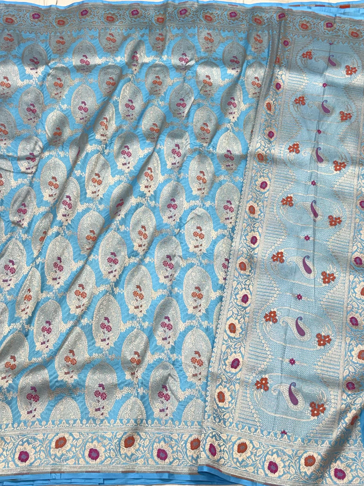 Sky Blue Pure Katan Mulberry Silk Handloom Banarasi Saree | Modern Geometrical Banarasi Saree