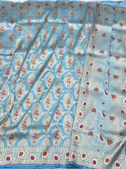 Sky Blue Pure Katan Mulberry Silk Handloom Banarasi Saree | Modern Geometrical Banarasi Saree