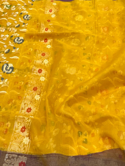 Mustard Yellow Pure Soft Kora Ektara Silk Banarasi Handloom Saree - Lightweight Soft Drape
