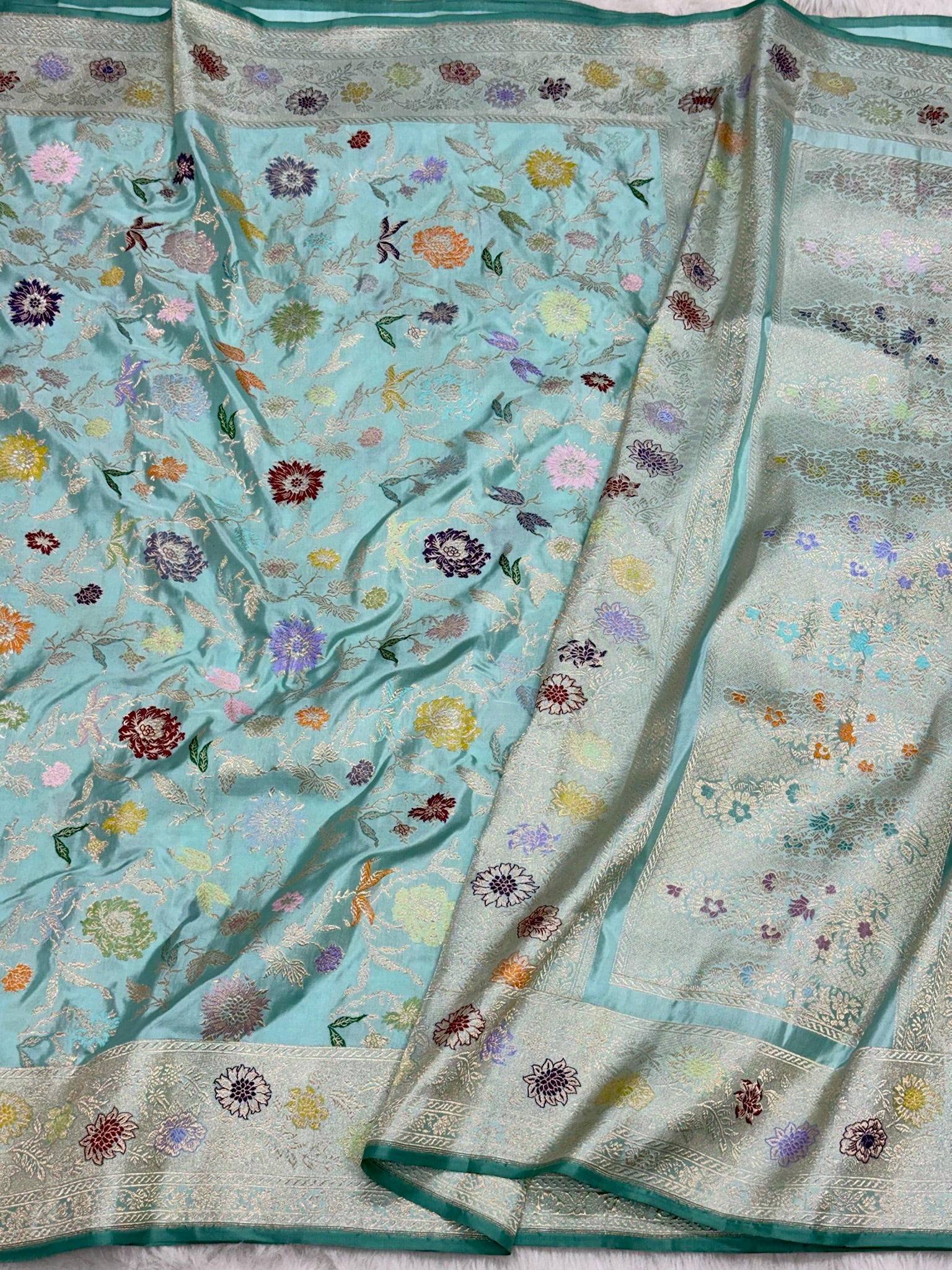 Sea Green Pure Mulberry Katan Silk Handwoven Banarasi Saree