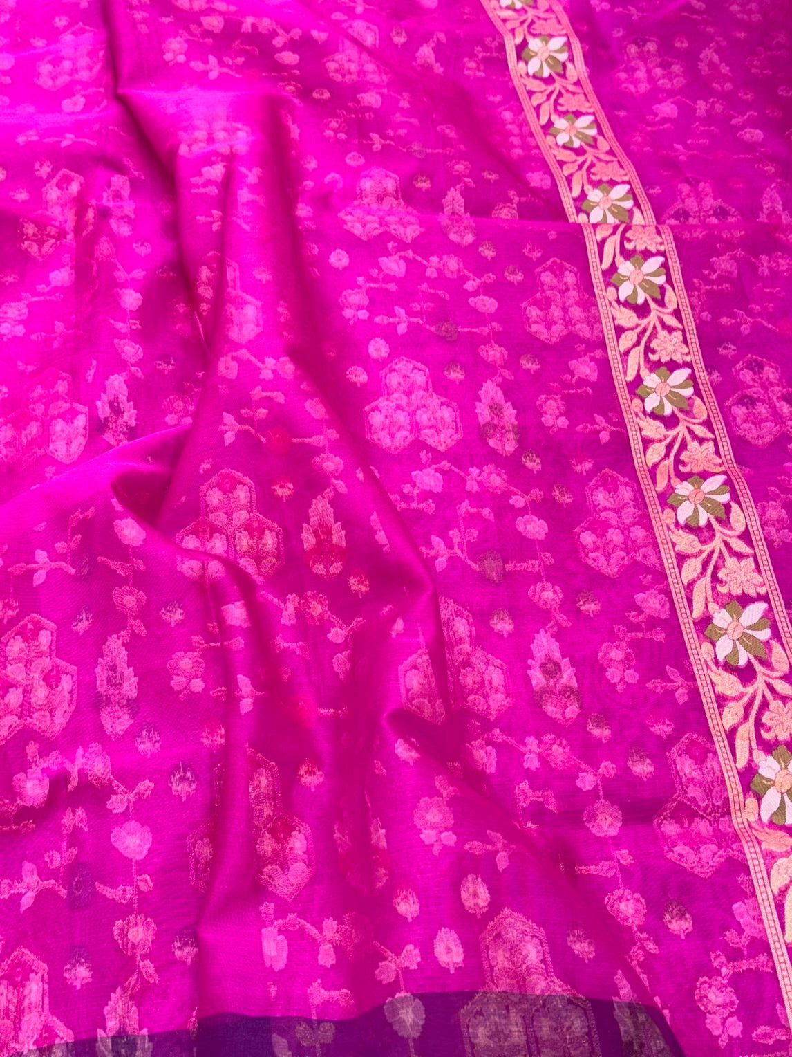 Hot Pink Organza Banarasi Silk Saree | 100% Pure Kora Mulberry Silk| Handwoven Ektara Saree
