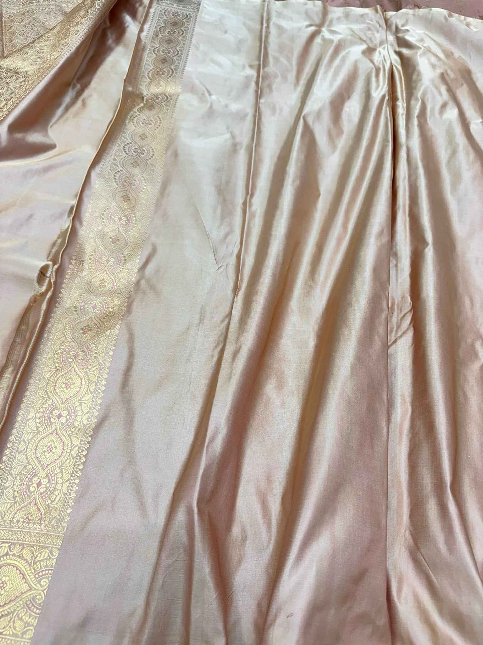 Beige Pure Satin Silk Handwoven Soft Drape Banarasi Saree