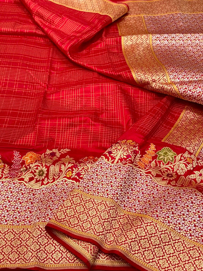 Red Pure Katan Silk Saree | Kadhwa  Weave | Pure Mulberry Silk Handwoven Modern Banarasi Silk Saree