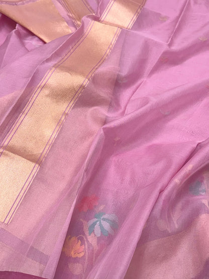 Powder Pink Pure Kora Mulberry Silk Handwoven Banarasi Saree | Kadhwa Weave Lightweight Saree