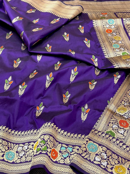 Purple Pure Mulberry Katan Silk | Kadhwa Weave | Handwoven Banarasi Saree