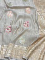 Ivory Pure Tussar Georgette Handwoven Saree