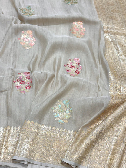 Ivory Pure Tussar Georgette Silk Handwoven Banarasi Saree |Kadhuwa Weave|