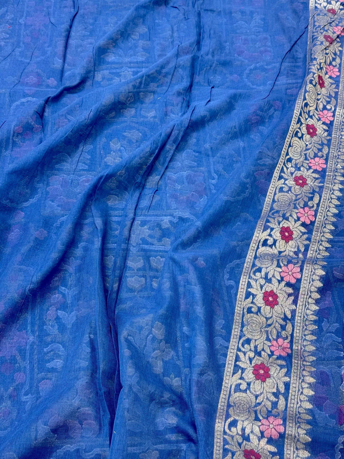 Blue Pure Muslin Cotton Jamdani Handloom Banarasi Ektara Weave Saree - Exclusive Modern Design