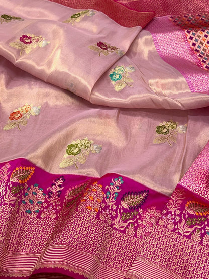 Rose Gold Pure Kora Tissue Silk & Pure Katan Silk Handwoven Banarasi Saree - Kadhwa + Kadhiyal Banarasi Saree