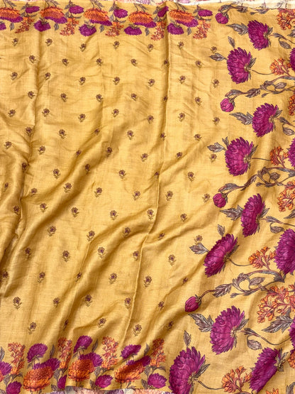 Mustard Yellow Pure Tussar Silk Handloom Printed with Embroidery Banarasi Saree - Soft Lightweight Banarasi Saree