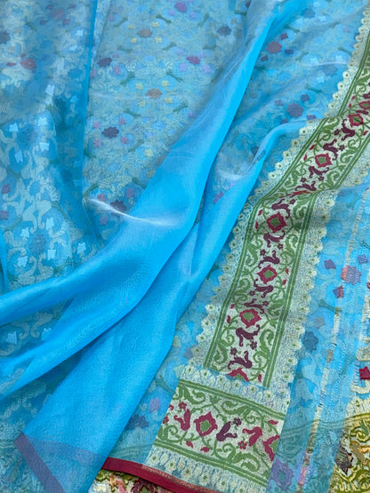 Sky Blue Pure Kora Mulberry Silk Jamdani | Ektara Technique | Handloom Modern Lightweight Banarasi Saree