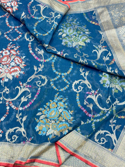 Blue Pure Muslin Cotton Jamdani Ektara Weave Handloom Banarsi Saree