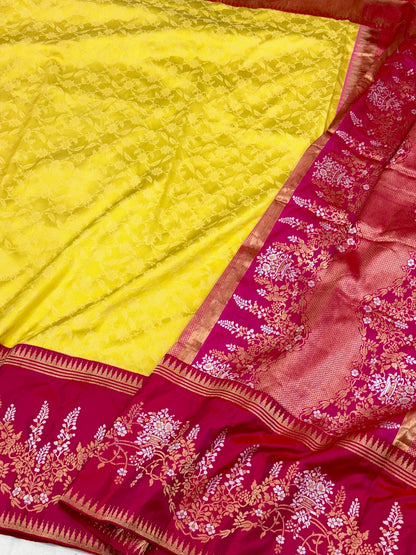 Yellow Pure Mulberry Katan Silk Handwoven Banarasi Saree