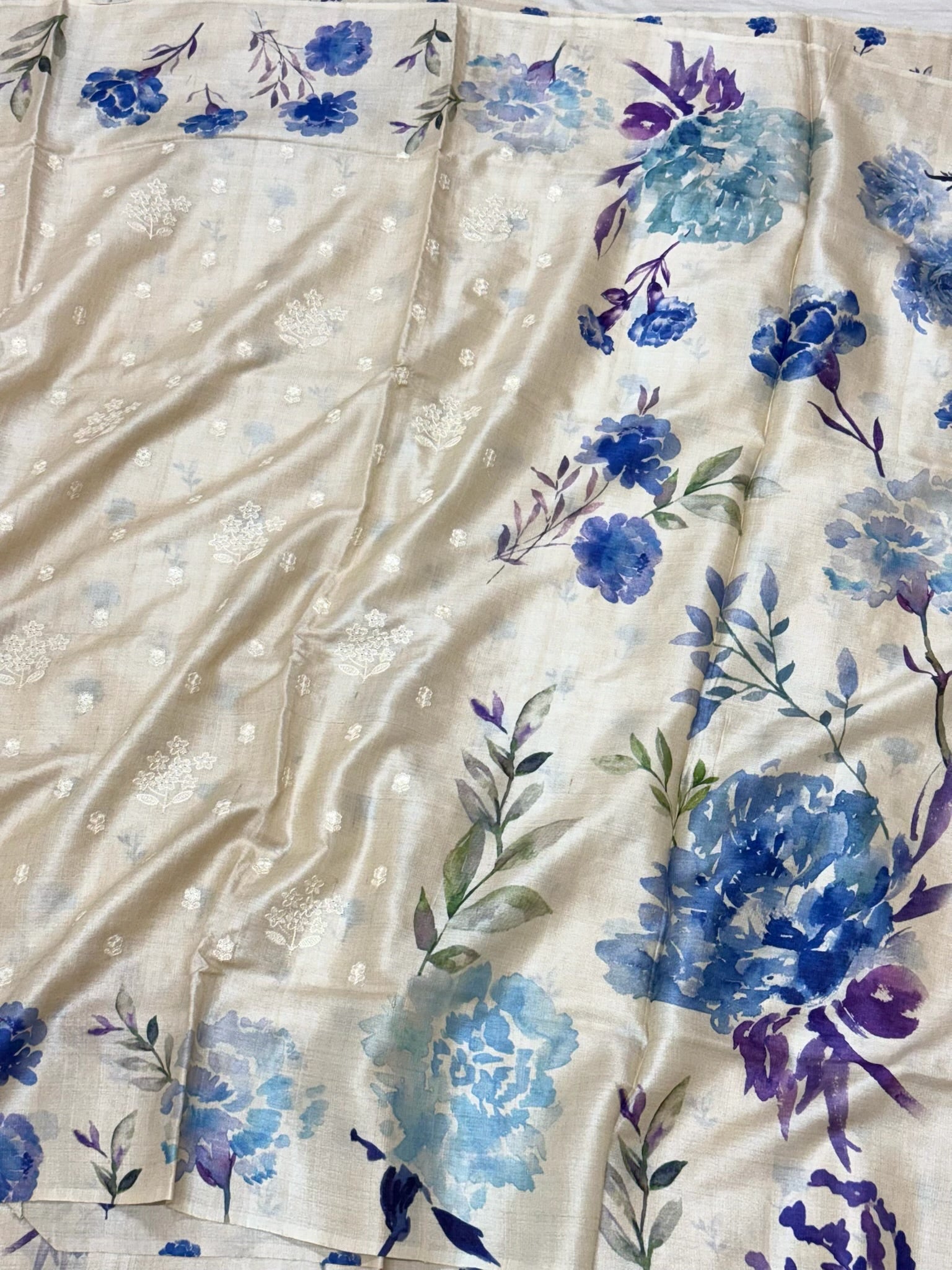 Ivory Pure Tussar Silk Handloom Printed with Embroidery Banarasi Saree -A New Era Of Elegance