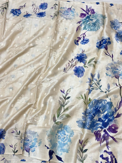 Ivory Pure Tussar Silk Handloom Printed with Embroidery Banarasi Saree -A New Era Of Elegance