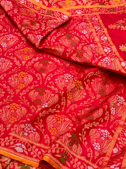 Red Pure Katan Silk Jamdani Handwoven Banarasi Saree |Ektara Weave|