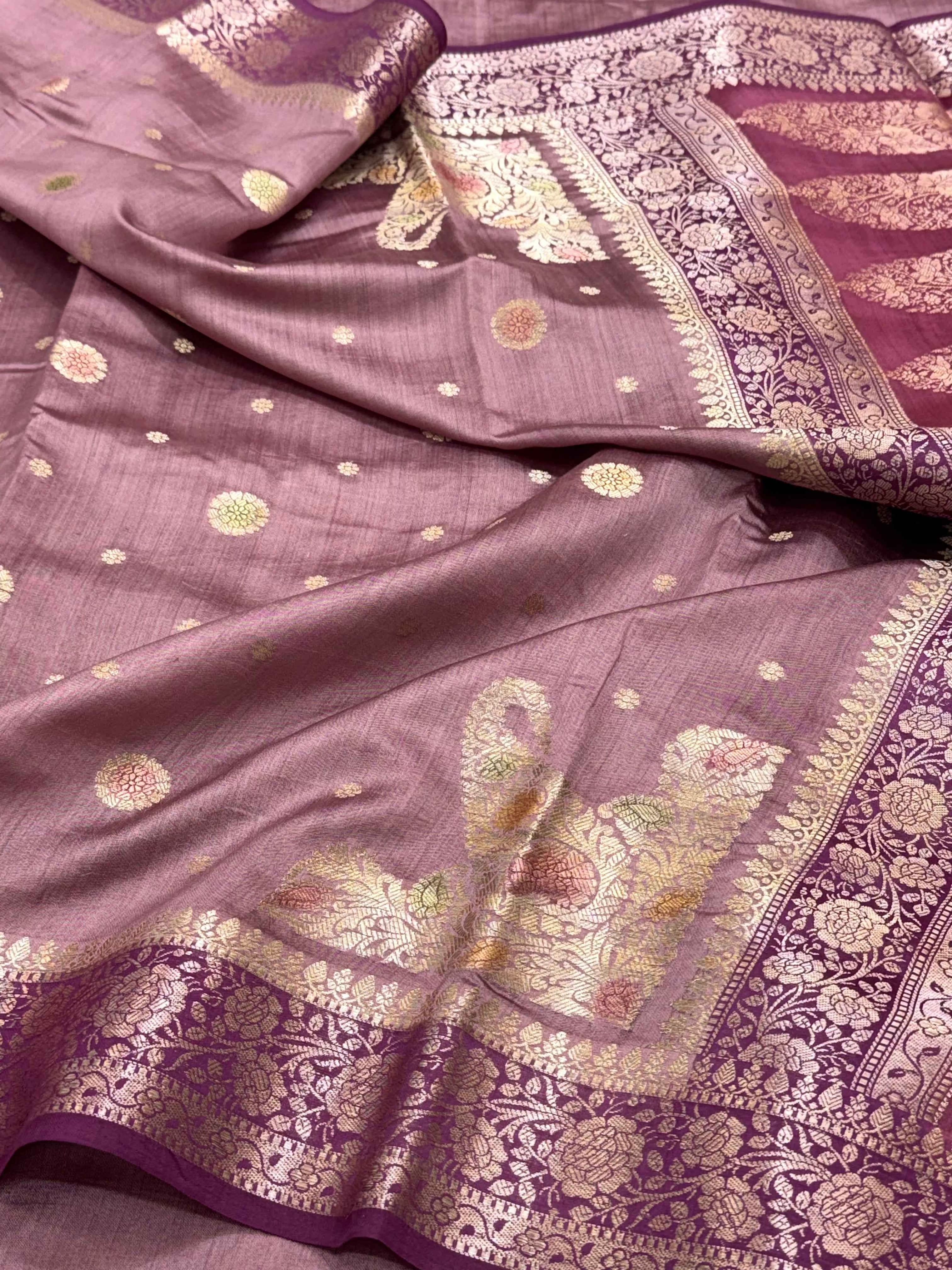 Dusty Rose Pink Pure Mulberry Chiniya Silk Handloom Banarasi Saree - Soft Drape