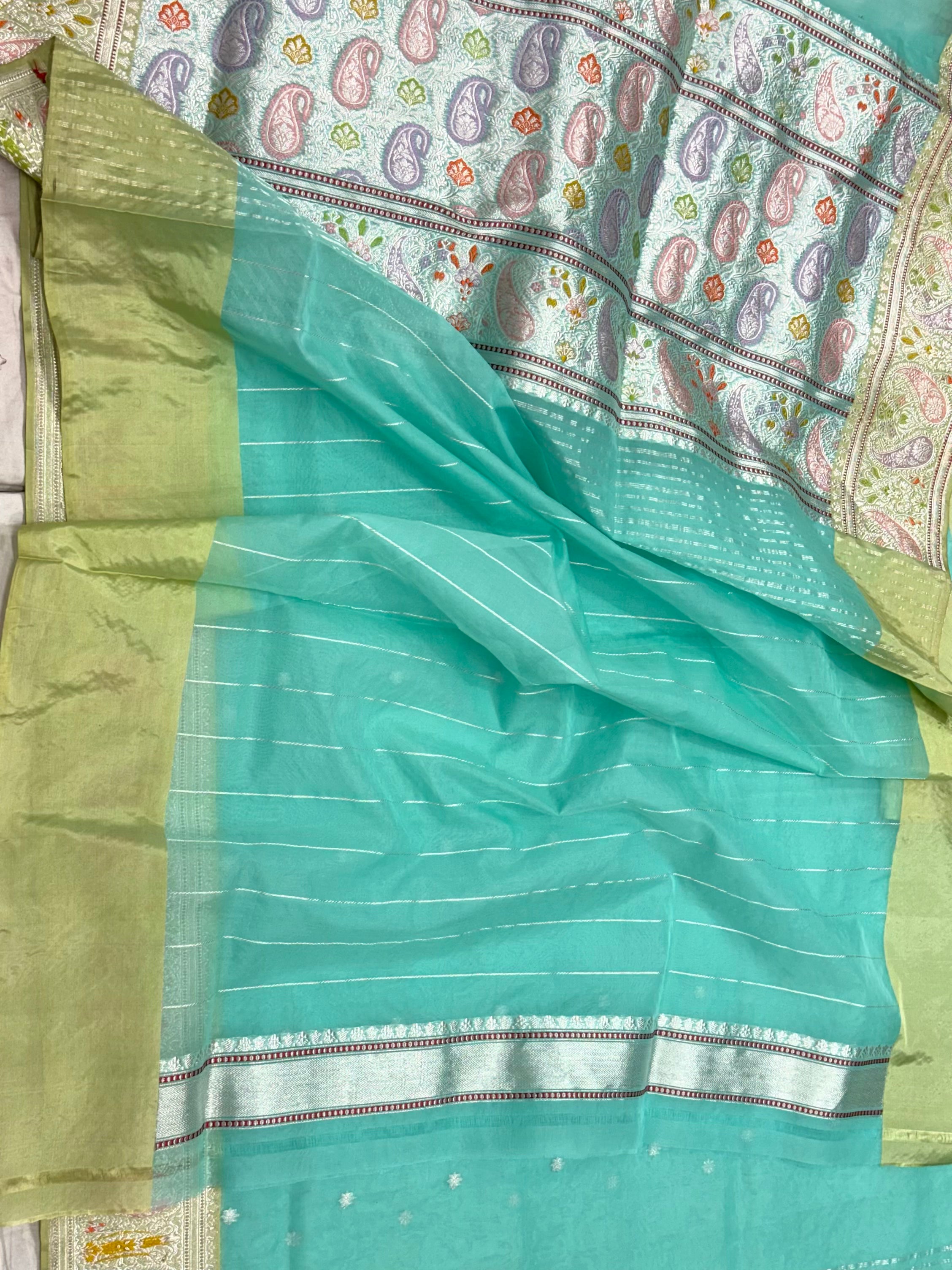 Aqua Green Pure Mulberry Kora Silk Handwoven Banarasi Saree