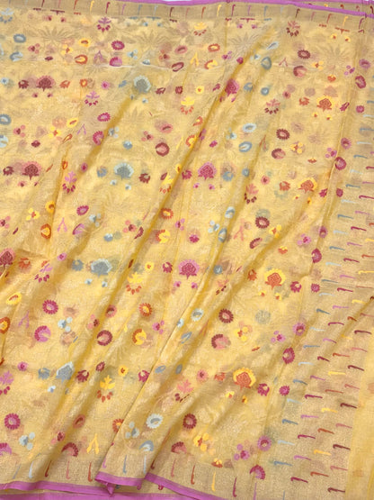 Pastel Yellow Pure Muslin Cotton Jamdani Handloom Banarasi Dupatta