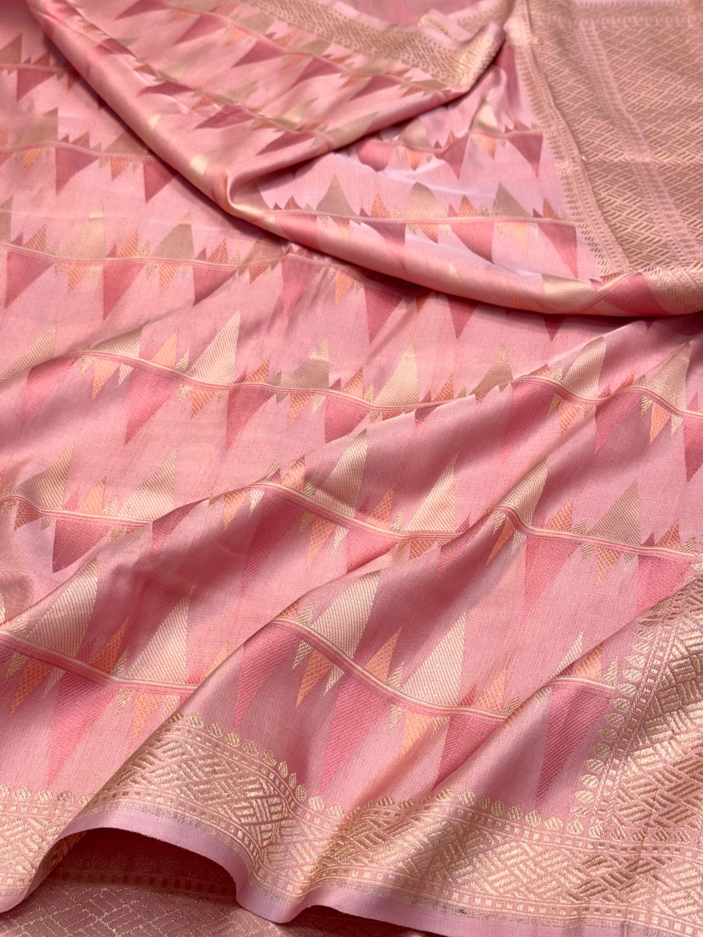 Powder Pink Pure Satin Silk Contemporary Handwoven Banarasi Saree