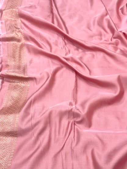 Powder Pink Pure Satin Silk Contemporary Handwoven Banarasi Saree