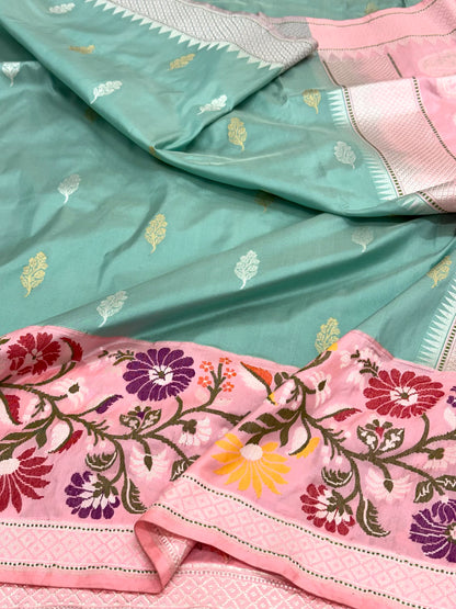Aqua Green Pure Katan Silk Handwoven Banarasi Saree