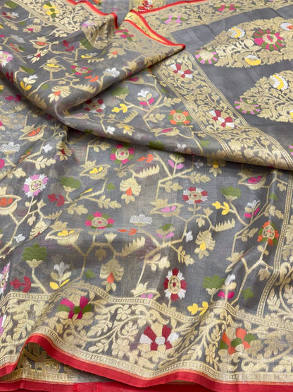 Elephant Grey Pure Mulberry Kora Jamdani Handloom Modern Banarasi Lightweight Saree - Ektara Weave