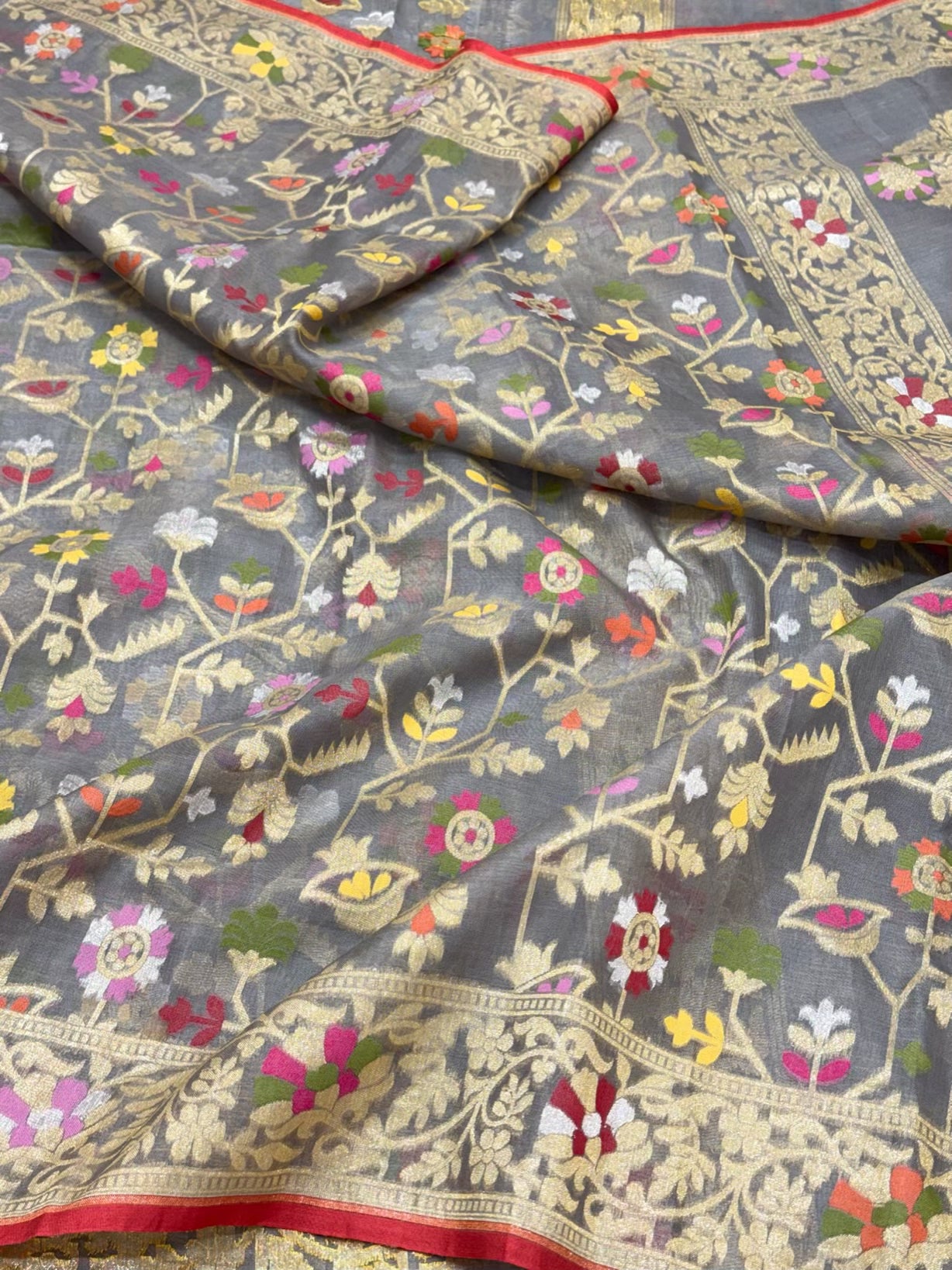 Elephant Grey Pure Mulberry Kora Jamdani Handloom Modern Banarasi Lightweight Saree - Ektara Weave