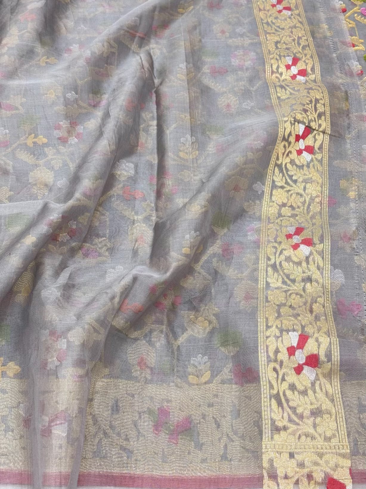 Elephant Grey Pure Mulberry Kora Jamdani Handloom Modern Banarasi Lightweight Saree - Ektara Weave