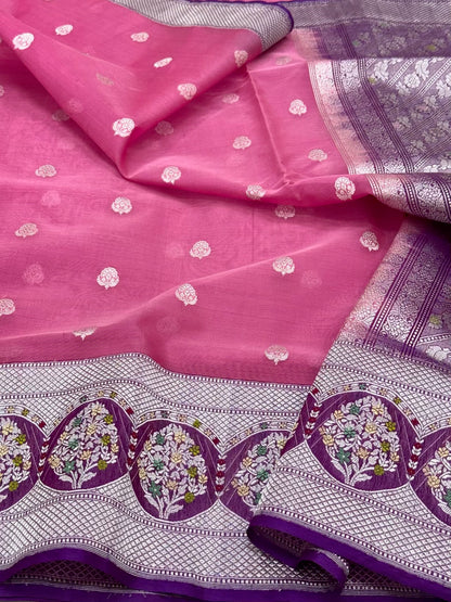 Mulberry Pink Handwoven Banarasi Saree - Kadhwa Weave |Pure Kora Mulberry Silk Banarasi Saree