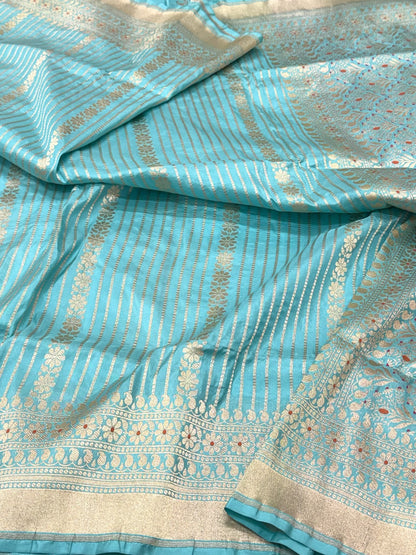 Sky Blue Pure Mulberry Katan Silk Handloom Banarasi Modern Saree