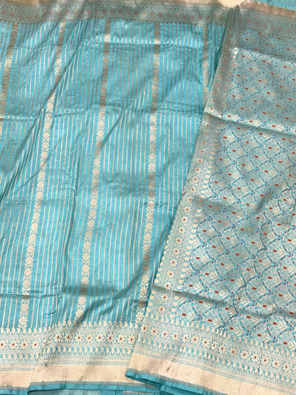 Sky Blue Pure Mulberry Katan Silk Handloom Banarasi Modern Saree