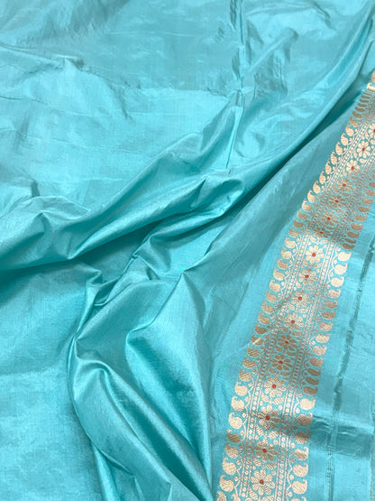Sky Blue Pure Mulberry Katan Silk Handloom Banarasi Modern Saree