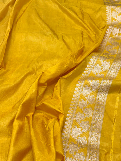 Gold Yellow Pure Katan Mulberry Silk Handloom Banarasi Saree
