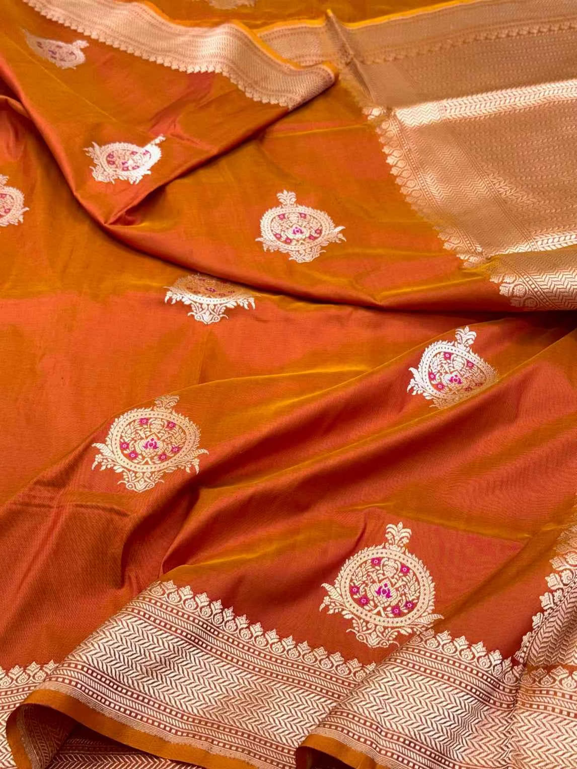 Rust Orange 100% Pure Katan Silk Saree - 100% Pure Mulberry Silk | Kadhwa Handwoven Banarasi Saree