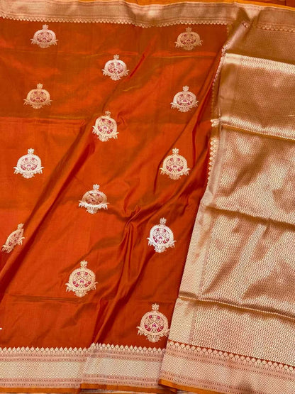 Rust Orange 100% Pure Katan Silk Saree - 100% Pure Mulberry Silk | Kadhwa Handwoven Banarasi Saree