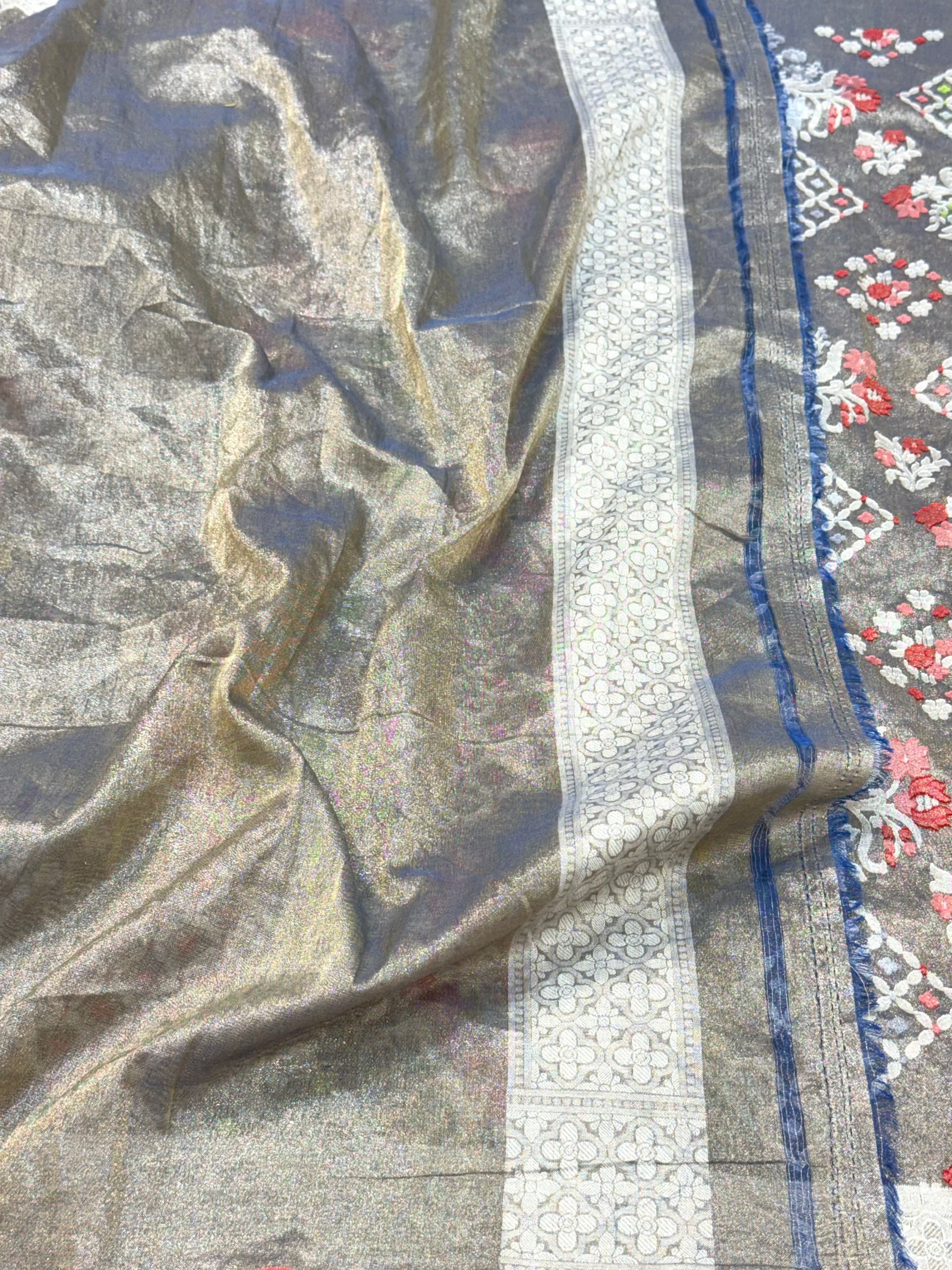 Water Gold Pure Muslin Cotton Tissue Jamdani Ektara Weave Handloom Banarasi Saree